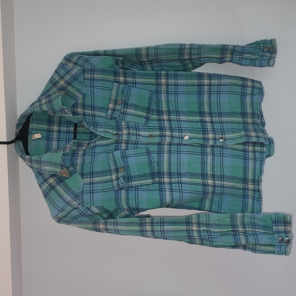 Spell designs lost highway flannel shirt turquoise buttondown S teal flannelette - Picture 9 of 16